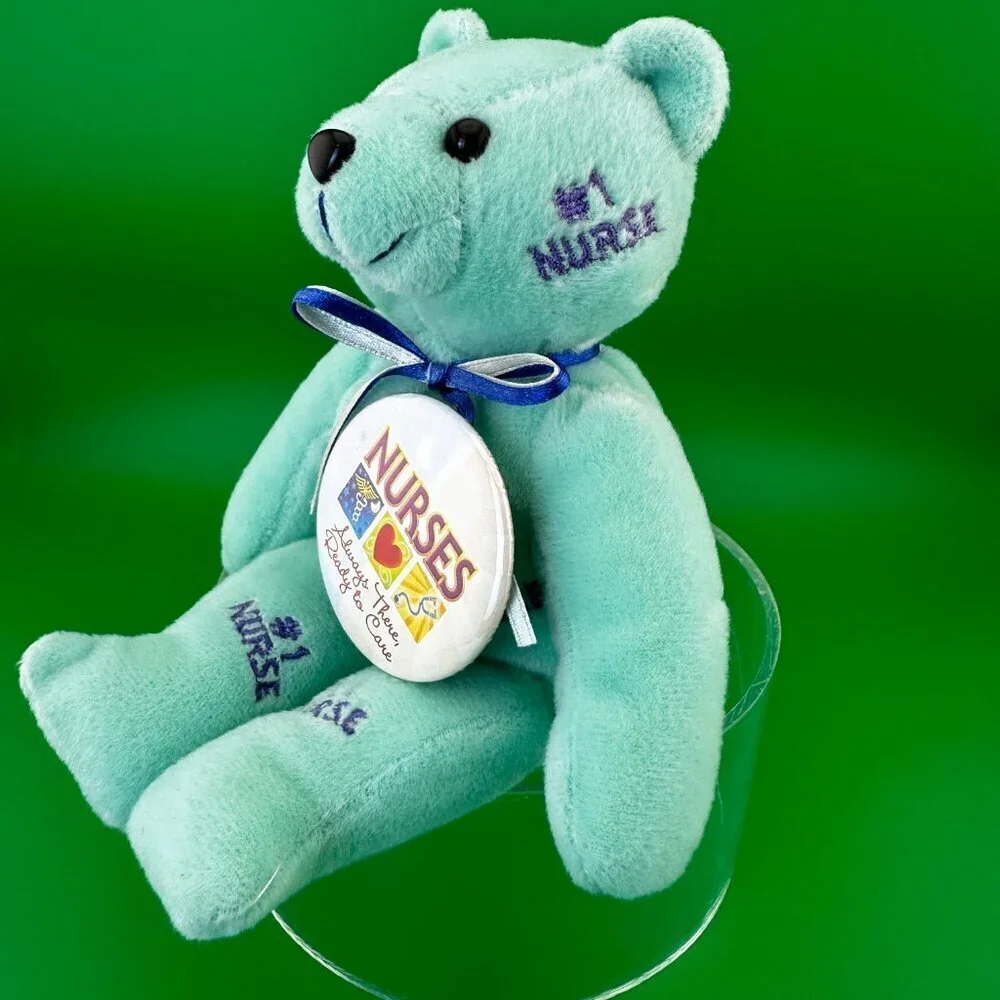 BLUE PLUSH BEAR WITH RIBBON AND PIN 